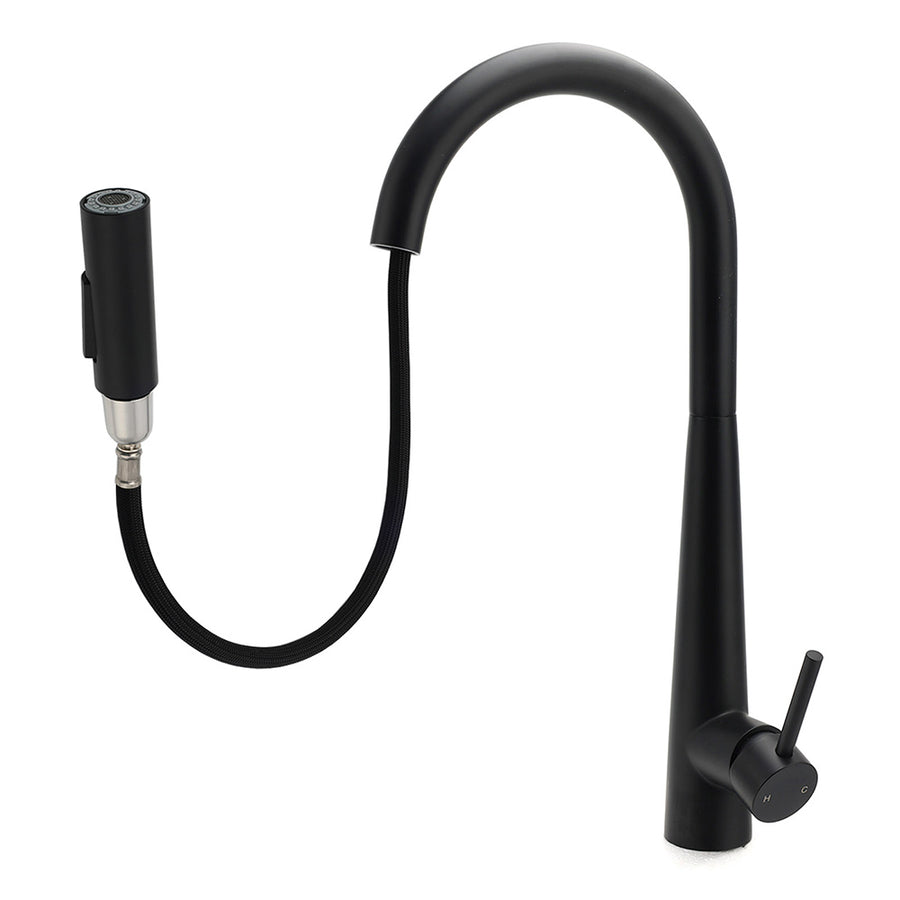 Round Matt Black Pull Out Kitchen Sink Tap Laundry Basin Mixer 2 Way Spout Set