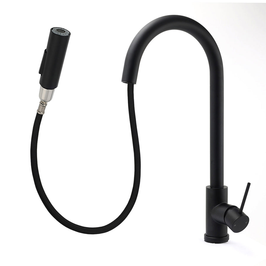 Matt Black Round Pull Out Down Kitchen Sink Tap Laundry Basin Mixer 2 Way Spout