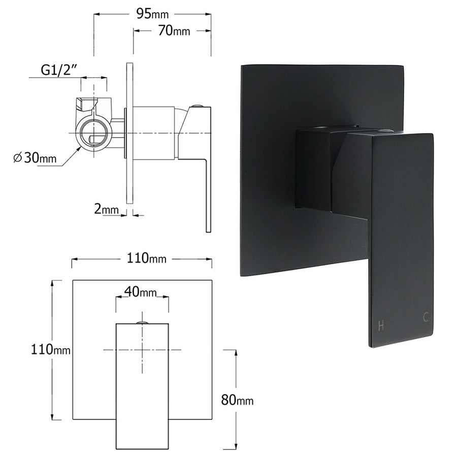 Matt Black Square Shower Mixer Hot Cold Tap Ceramic Cartridge Spindle Watermark