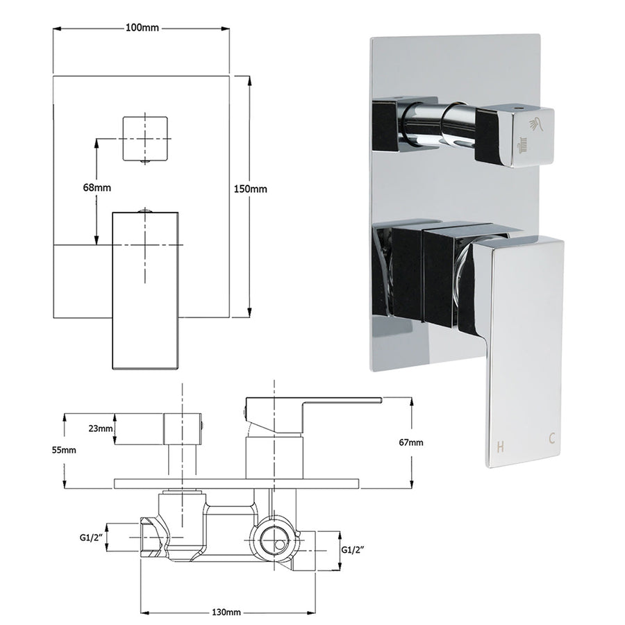 Bathroom Square Shower Mixer Diverter Tap Square Chrome For Spout Shower Head