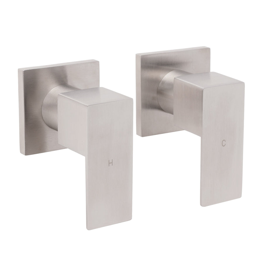 Brushed Nickel Square 1/4 Turn Wall Mounted Twin Taps For Shower Bath Spout Set