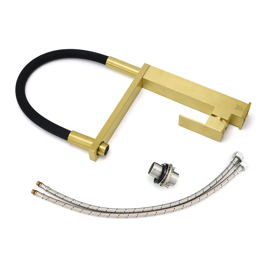 Brushed Gold Tall Kitchen Sink Basin Mixer Swivel Faucet Tap Pull Out Spout Head