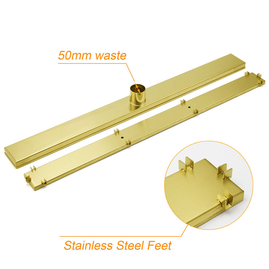 Brushed Gold 304SUS 800mm Tile Insert Shower Grate Floor Drain 50mm Waste Outlet