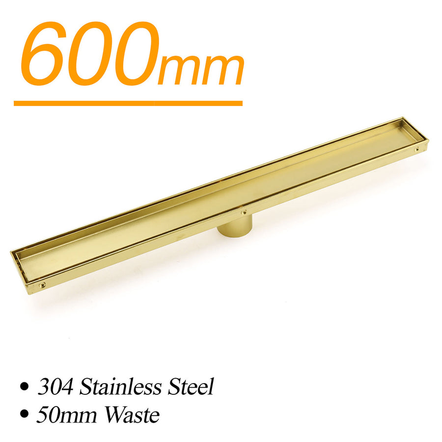 Brushed Gold 600mm Tile Insert Linear Shower Grate Floor Drain 50mm Outlet Waste
