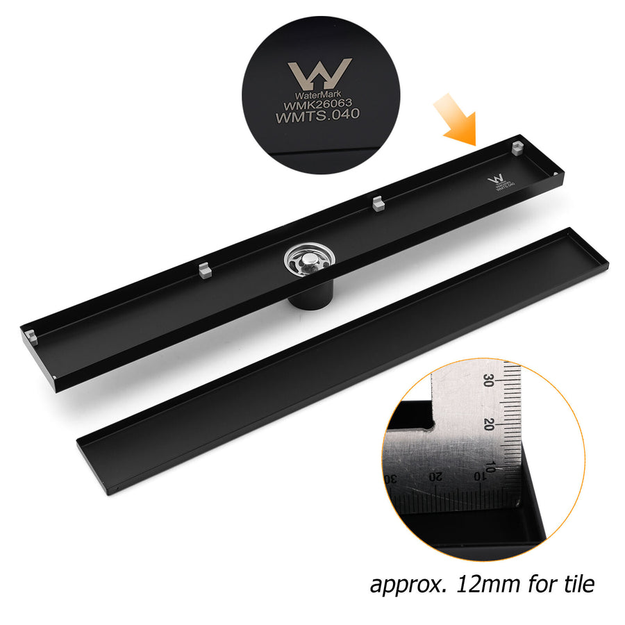 Matt Black 600mm Tile Insert Linear Shower Grate Floor Drain 50mm Waste Outlet