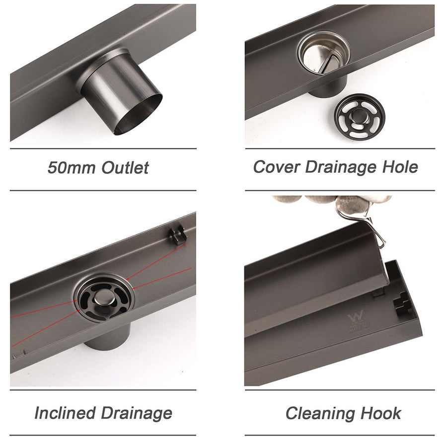 Gun Metal Tile Insert 600mm Linear Shower Grate Floor Drain 50mm Waste Outlet
