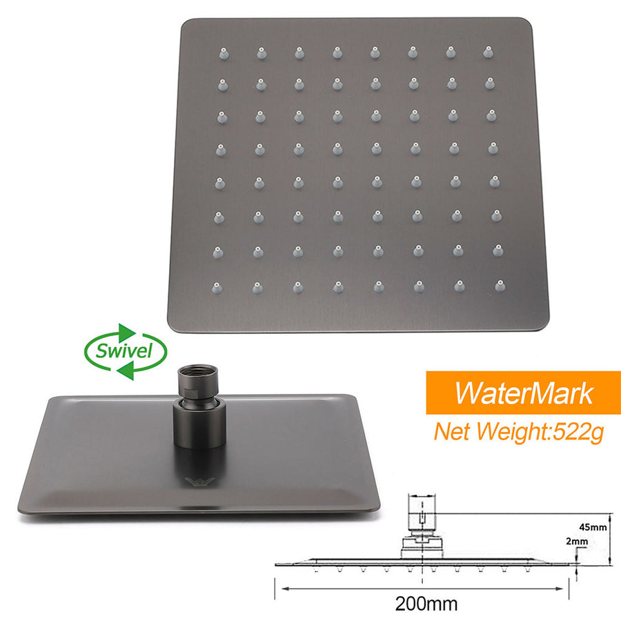 Gun Metal 8" Square Large Rainfall Shower Head 400mm Straight Wall Mounted Arm Set