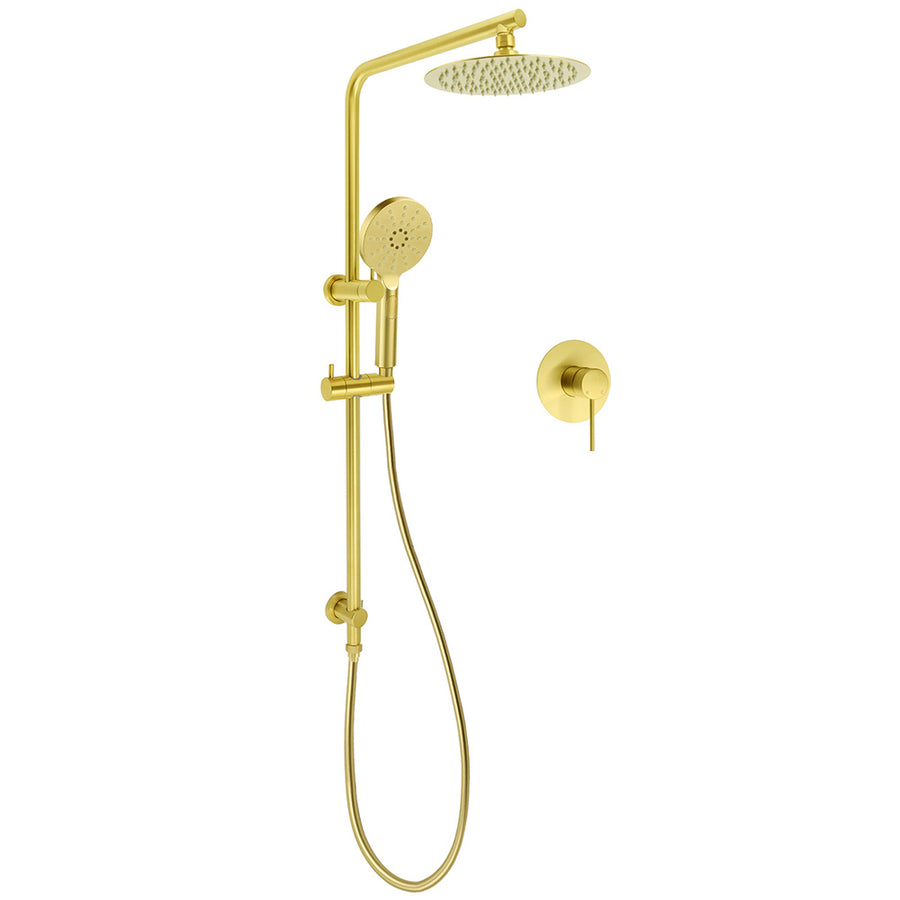 Brushed Gold Twin Shower Set 8" Round Head 3 Modes Handheld Sliding Rail Arm + Mixer