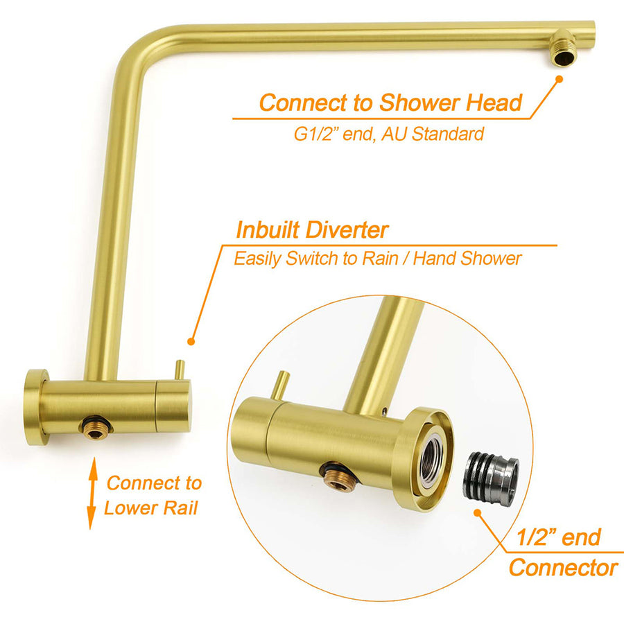 Brushed Gold Twin Shower Large Round 12" Rain Head Handheld Silde Wall Rail Arm