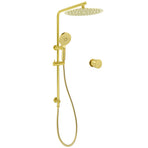 Brushed Gold Twin Shower Large Round 12" Rain Head Handheld Silde Wall Rail Arm Mixer Valve