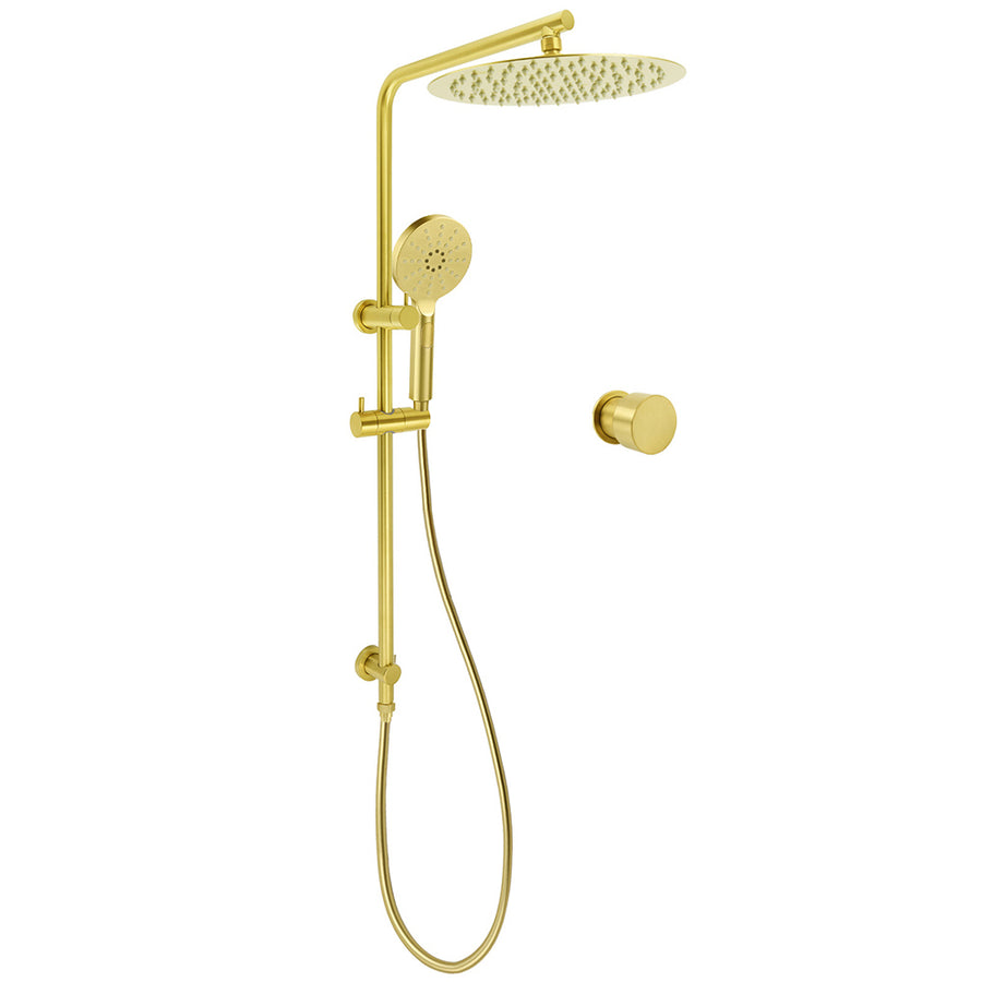 Brushed Gold Twin Shower Large Round 12" Rain Head Handheld Silde Wall Rail Arm Mixer Valve