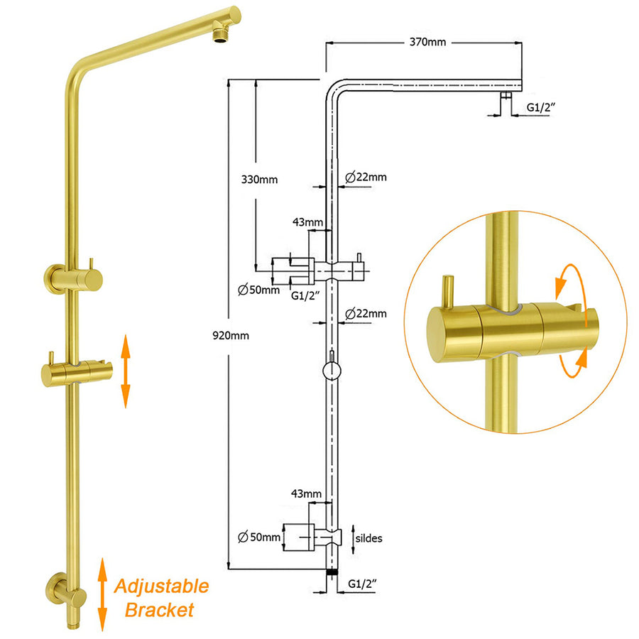 Brushed Gold Twin Shower Large Round 12" Rain Head Handheld Silde Wall Rail Arm Mixer Valve