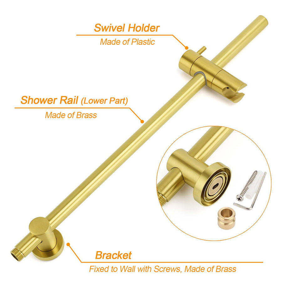 Brushed Gold Twin Shower Set 8" Round Head Single Mode Metal Handheld Sliding Rail Arm Mixer Valve