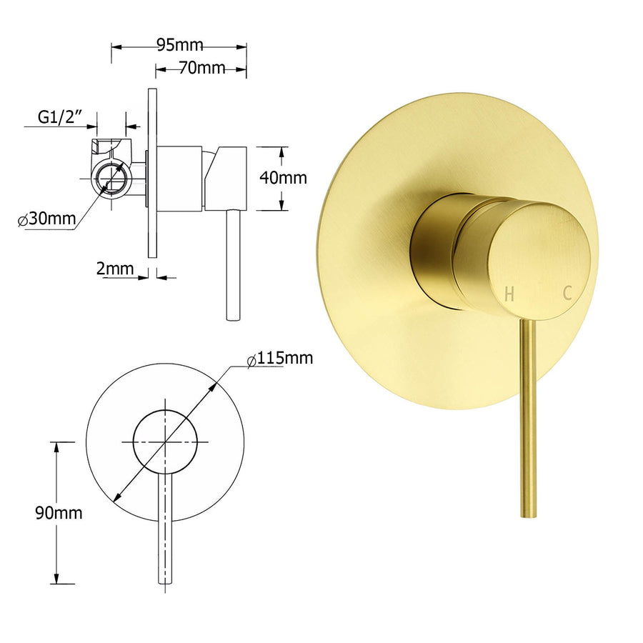 Brushed Gold Twin Shower Set 8" Round Head Single Mode Handheld Sliding Rail Arm + Wall Mixer