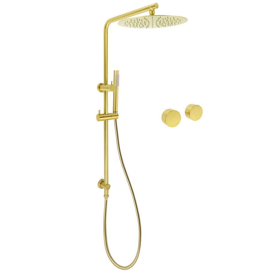 WELS Brushed Gold Dual Shower Set Large Round 12" Rainfall Head Metal Handheld Silde Rail Wall Taps