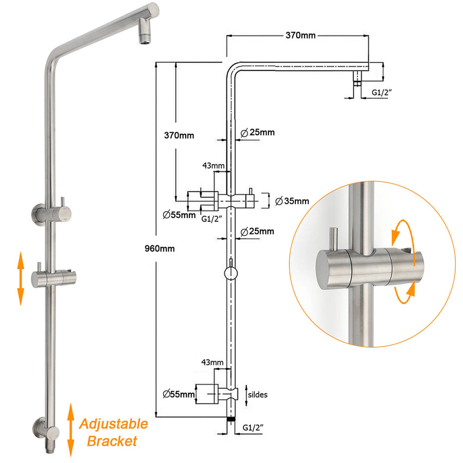 WELS Brushed Nickel 2in1 Shower Set Sliding Rail Arm 8" Round Head Handheld Small Face Mixer