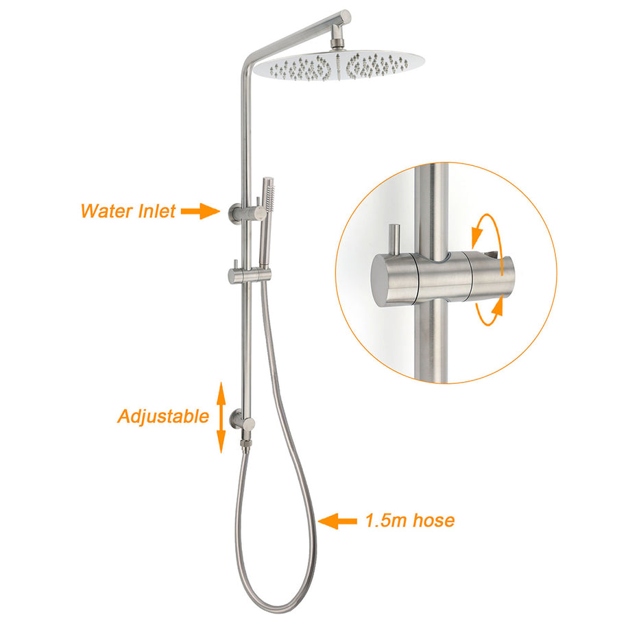 WELS Brushed Nickel Dual Shower Set Sliding Rail Arm 12" Round Head Handheld Rose Combo