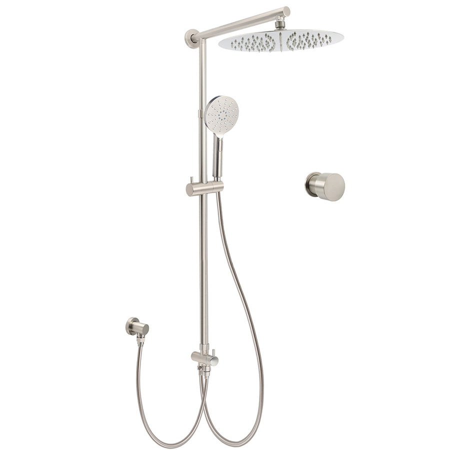 Brushed Nickel 12" Large Rain Head Twin Shower Handheld Sliding Rail Arm Set With Mixer