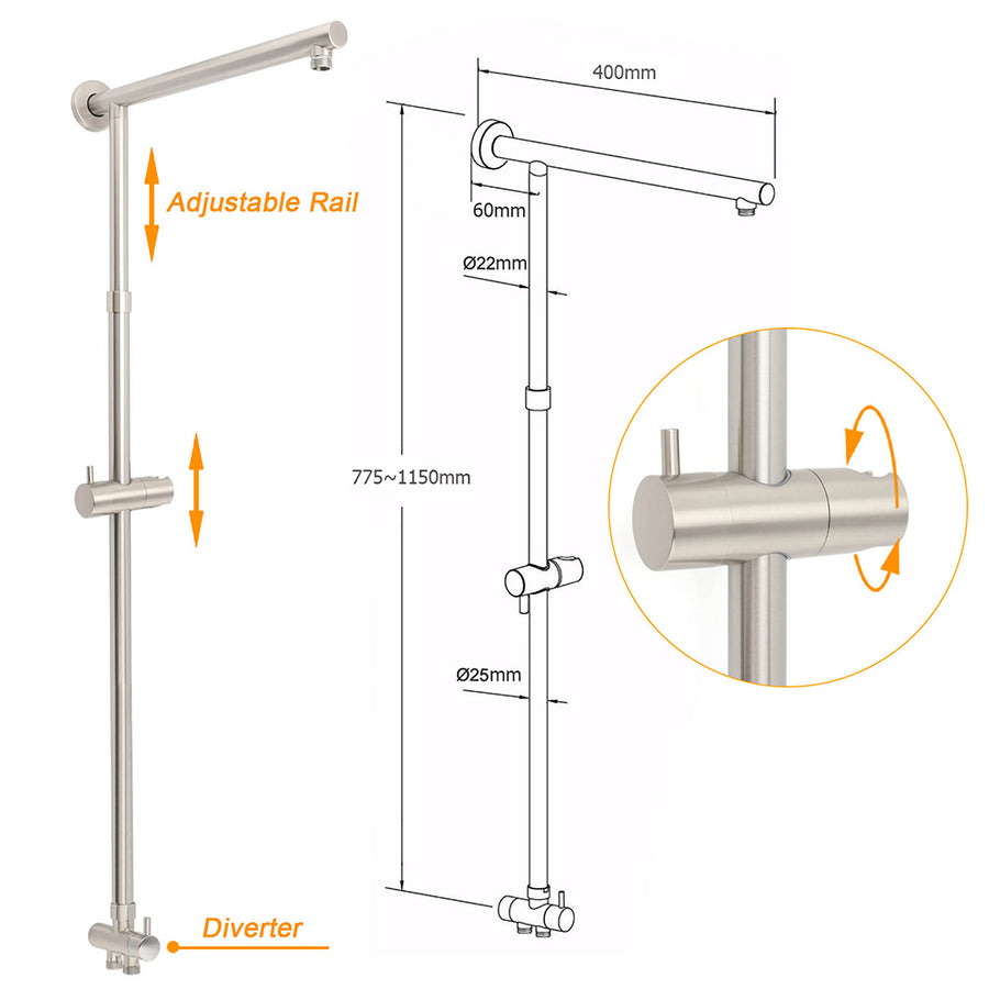 Brushed Nickel 12" Large Rain Head Twin Shower Handheld Sliding Rail Arm Set With Mixer