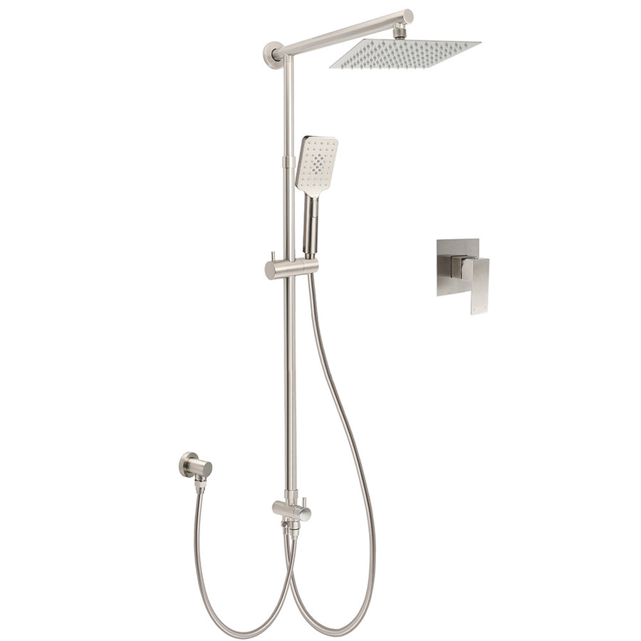 Brushed Nickel 8" Rain Head Shower Square 3 Modes Handheld Sliding Rail Arm Mixer Dual Set
