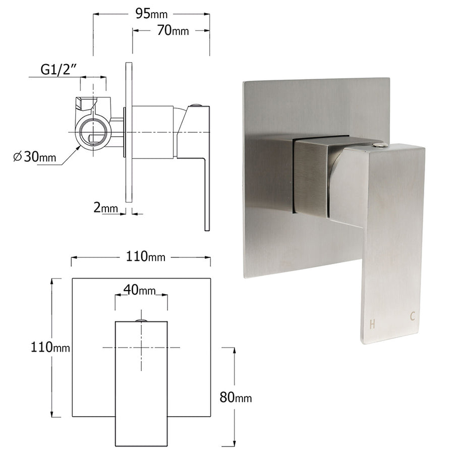 Brushed Nickel 8" Rain Head Shower Square 3 Modes Handheld Sliding Rail Arm Mixer Dual Set