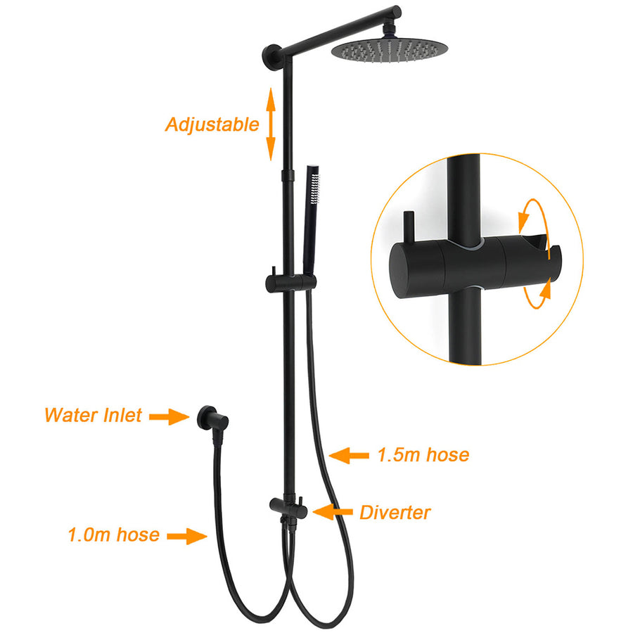 WELS Matt Black 2in1 Shower 8" Round Head Set Sliding Rail Single Mode Handheld + Twin Taps