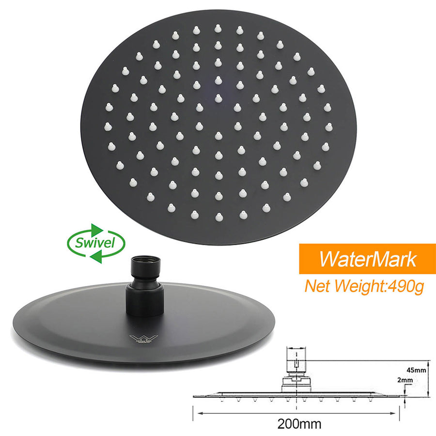 WELS Matt Black Twin Shower 8" Round Rain Head Set Sliding Rail Single Mode Handheld + Mixer