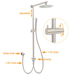 Brushed Nickel 8" Thin Rain Head Twin Shower Metal Handheld Rose Sliding Rail Arm Set With Mixer
