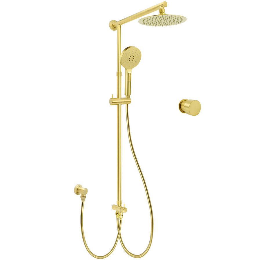 WELS Brushed Gold Dual Shower Set 8" Round Head 3 Mode Handheld Rose Sliding Rail Mixer Valve