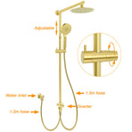 WELS Brushed Gold Dual Shower Set 8" Round Head 3 Mode Handheld Rose Sliding Rail Mixer Valve