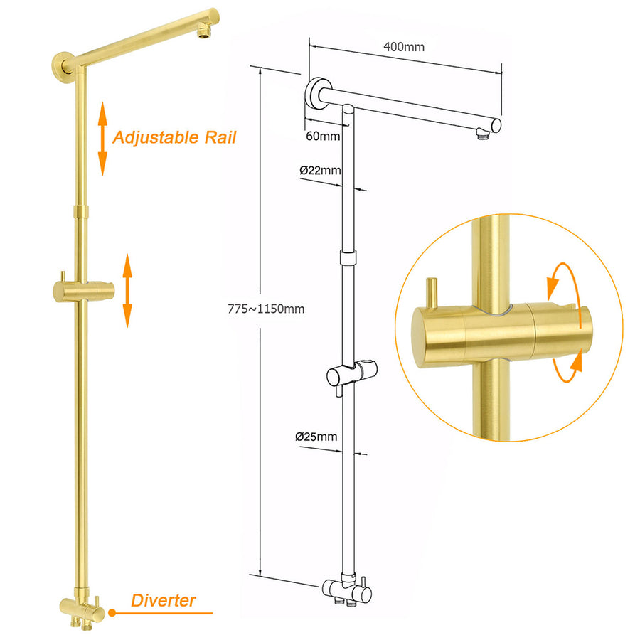 WELS Brushed Gold Dual Shower Set 8" Round Head 3 Mode Handheld Rose Sliding Rail Mixer Valve