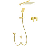 Brushed Gold Square 10" Rain Head 3 Mode Handheld Sliding Rail Wall Arm Dual Shower Taps Set