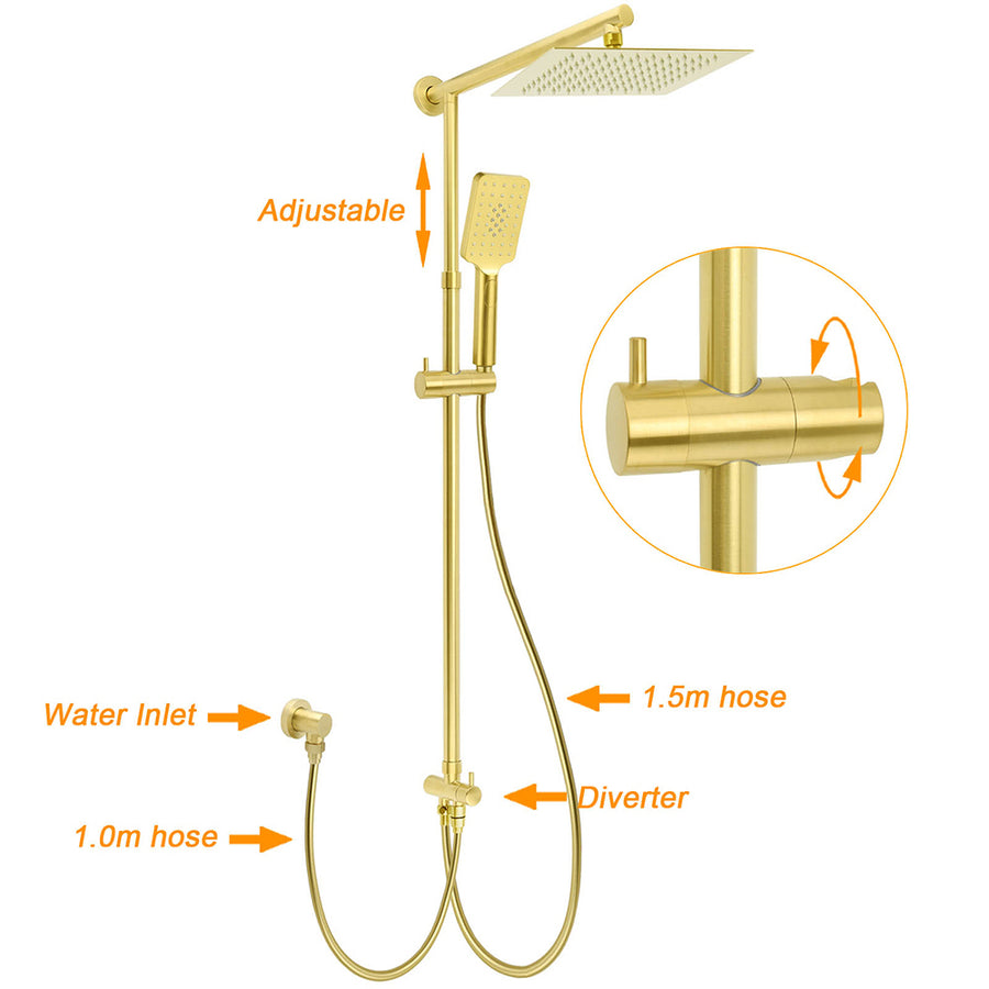 Brushed Gold Square 10" Rain Head 3 Mode Handheld Sliding Rail Wall Arm Dual Shower Taps Set