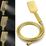 Brushed Gold Square 10" Rain Head 3 Mode Handheld Sliding Rail Wall Arm Dual Shower Taps Set