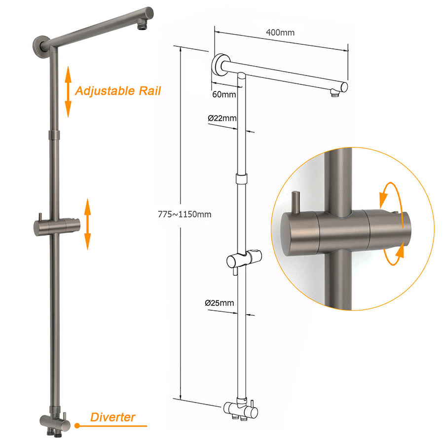 WELS Gun Metal Dual Round Shower 10" Rain Head 3 Mode Handheld Sliding Rail Diverter Set