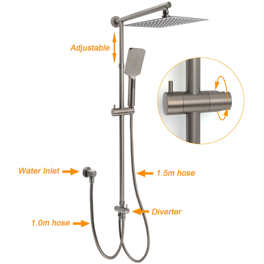 WELS Gun Metal 2in1 Shower Set Square 12" Rainfall Head Handheld Adjustable Silde Rail Combo