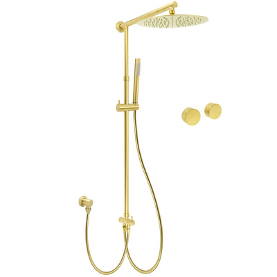 WELS Brushed Gold Rain Shower 12" Head Ergonomic Handheld Rose Sliding Rail Round Taps Set