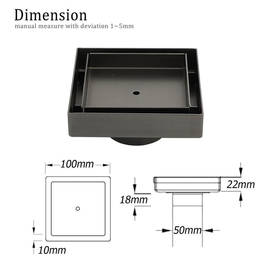 Gun Metal 100mm Square Tile Insert Floor Drain Small Shower Grate 50mm Waste Set