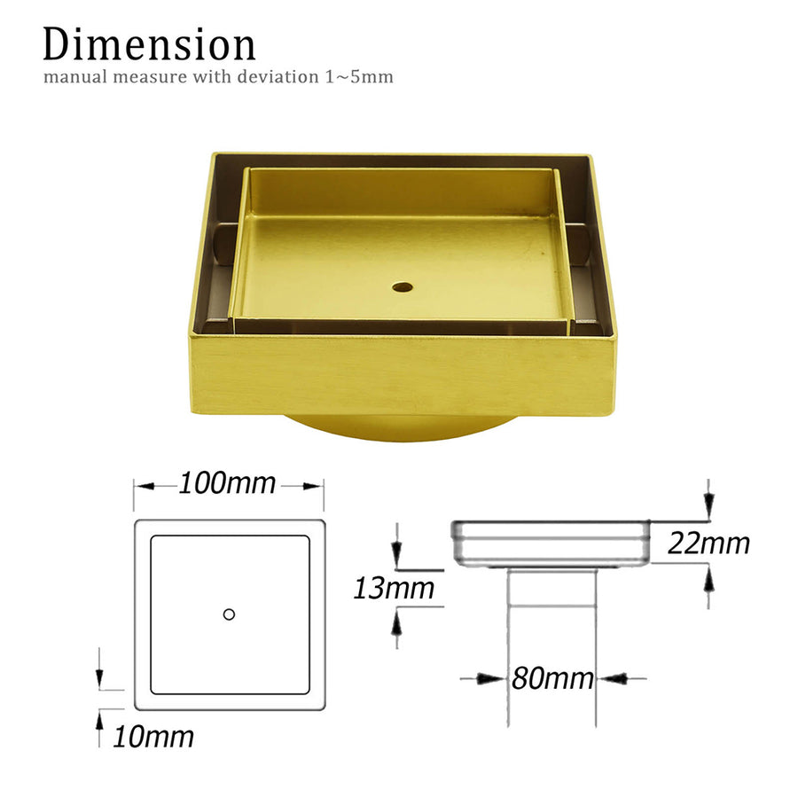 Brushed Gold 100x100mm Tile Insert Floor Drain Square Shower Grate 80mm Waste