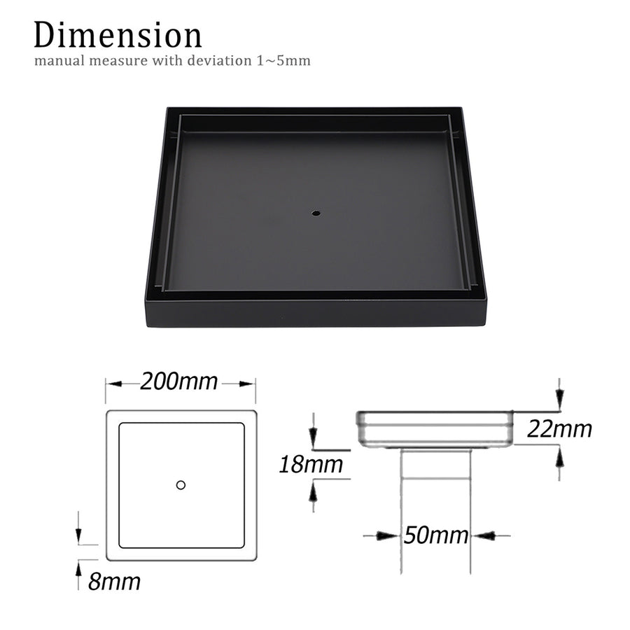Matt Black Bathroom Big 200mm Tile Insert Floor Drain Shower Grate 50mm Outlet
