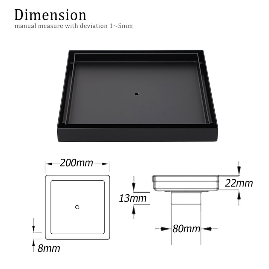 Watermark Matt Black Large 200mm Tile Insert Floor Drain Shower Grate 80mm Waste