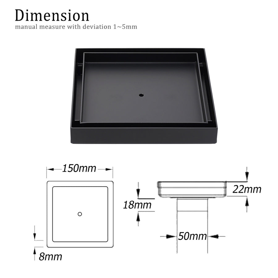 Matt Black 150x150mm Tile Insert Floor Drain Shower Grate 50mm Outlet Watermark