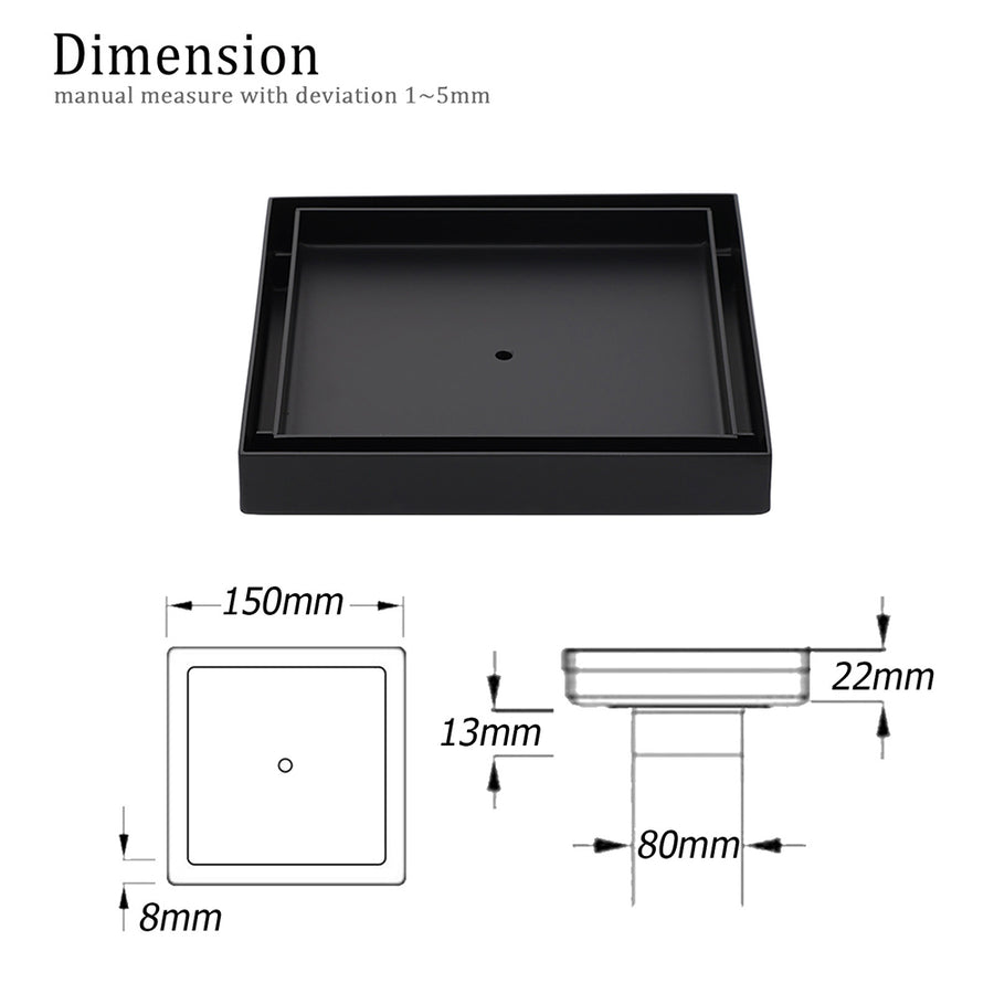 Watermark Black 150x150mm Tile Insert Floor Drain Shower Grate 80mm Waste Outlet