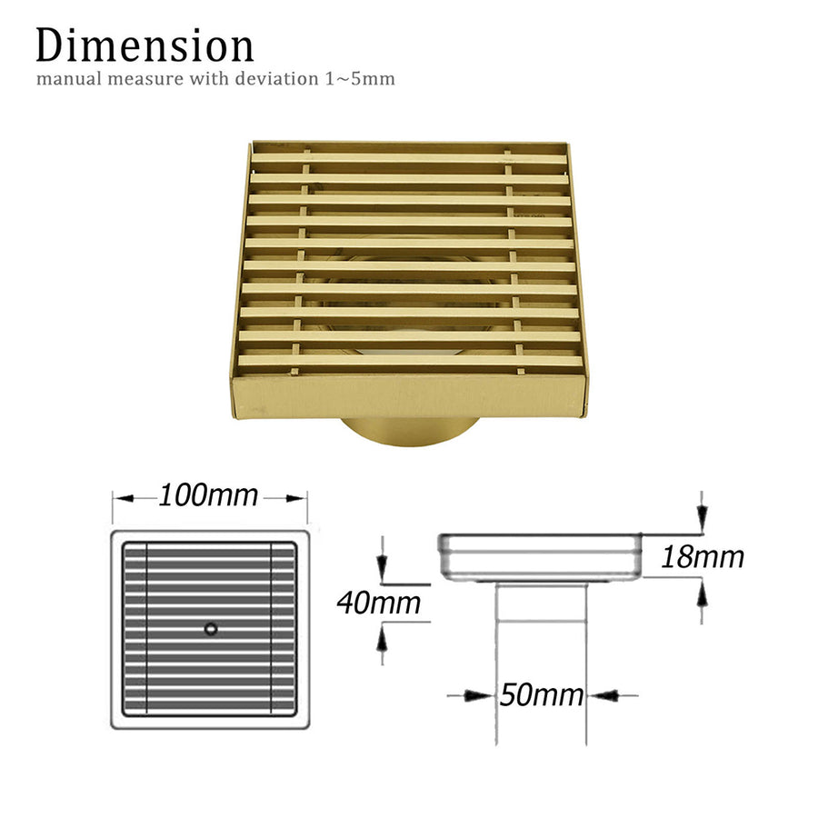 Brushed Gold Smart Square 100mm Strip Fence Floor Drain Shower Grate 50mm Waste