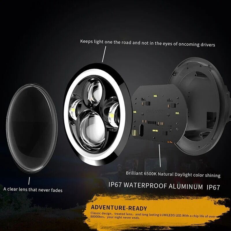 LED Headlight 150W Round LED Headlamp H4 H13 6500K Waterproof Low Beam, 150W, 7 in