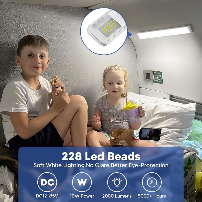 2 Pcs Lighting 228 LED 12V, 10W Bar of Light Interieure a LED, 2000LM Bar of Light a LED with Switch on and Off Car, Truck Bateau
