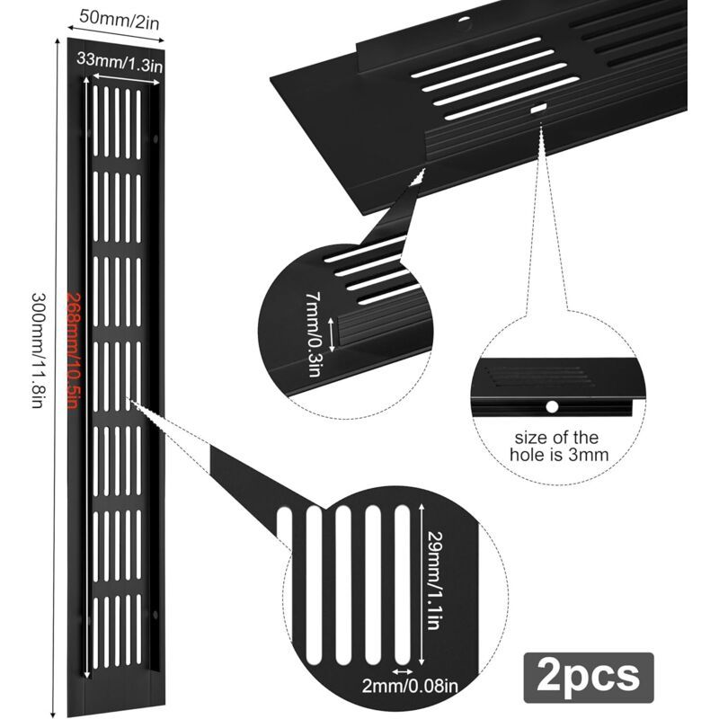 2 Pcs Mesh of Aeration in Aluminum of Ventilation Rectangulaire with Screws for the of Placards and of Chambres Black, 30x5cm