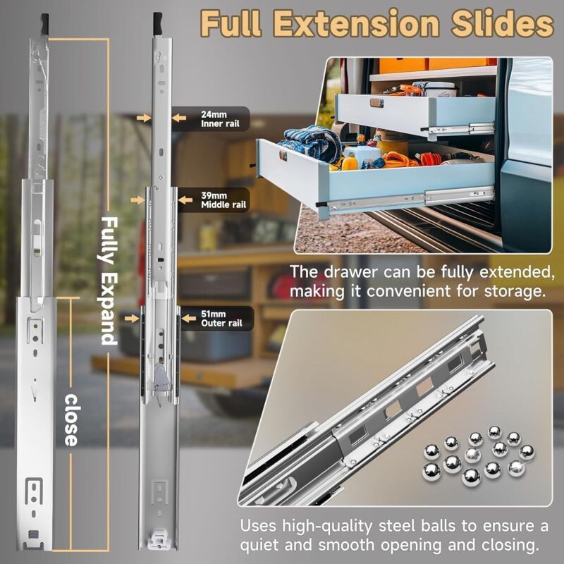 Two heavy-duty drawer slides for sturdy drawers, 51mm wide and 20 inches long, with a standard width of 500mm.