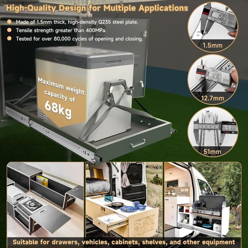 Two heavy-duty drawer slides for sturdy drawers, 51mm wide and 20 inches long, with a standard width of 500mm.