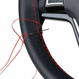 Steering Wheel Cover in Soft Leather on the Volant of the Car with Needle and Wire Interior Accessories Red - Top-Down View